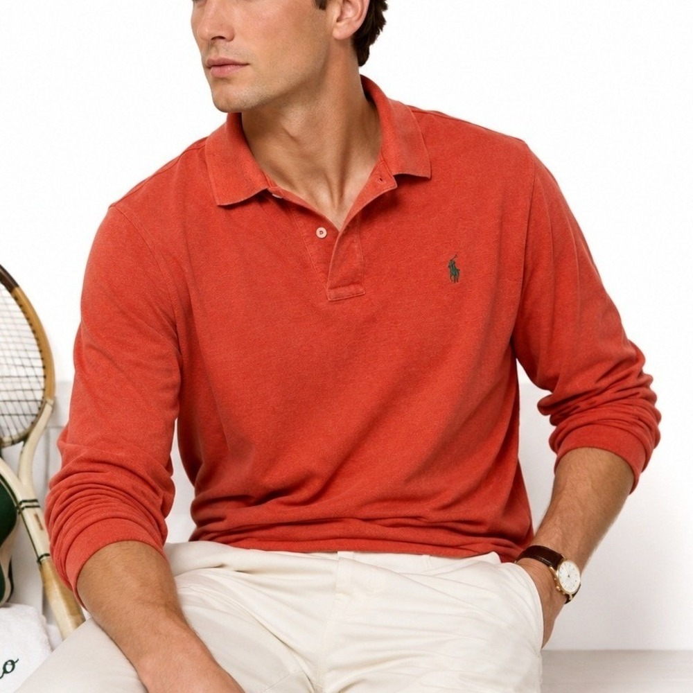 Polo Ralph Lauren XXL Orange Long Sleeve Polo Shirt Cotton Classic Logo